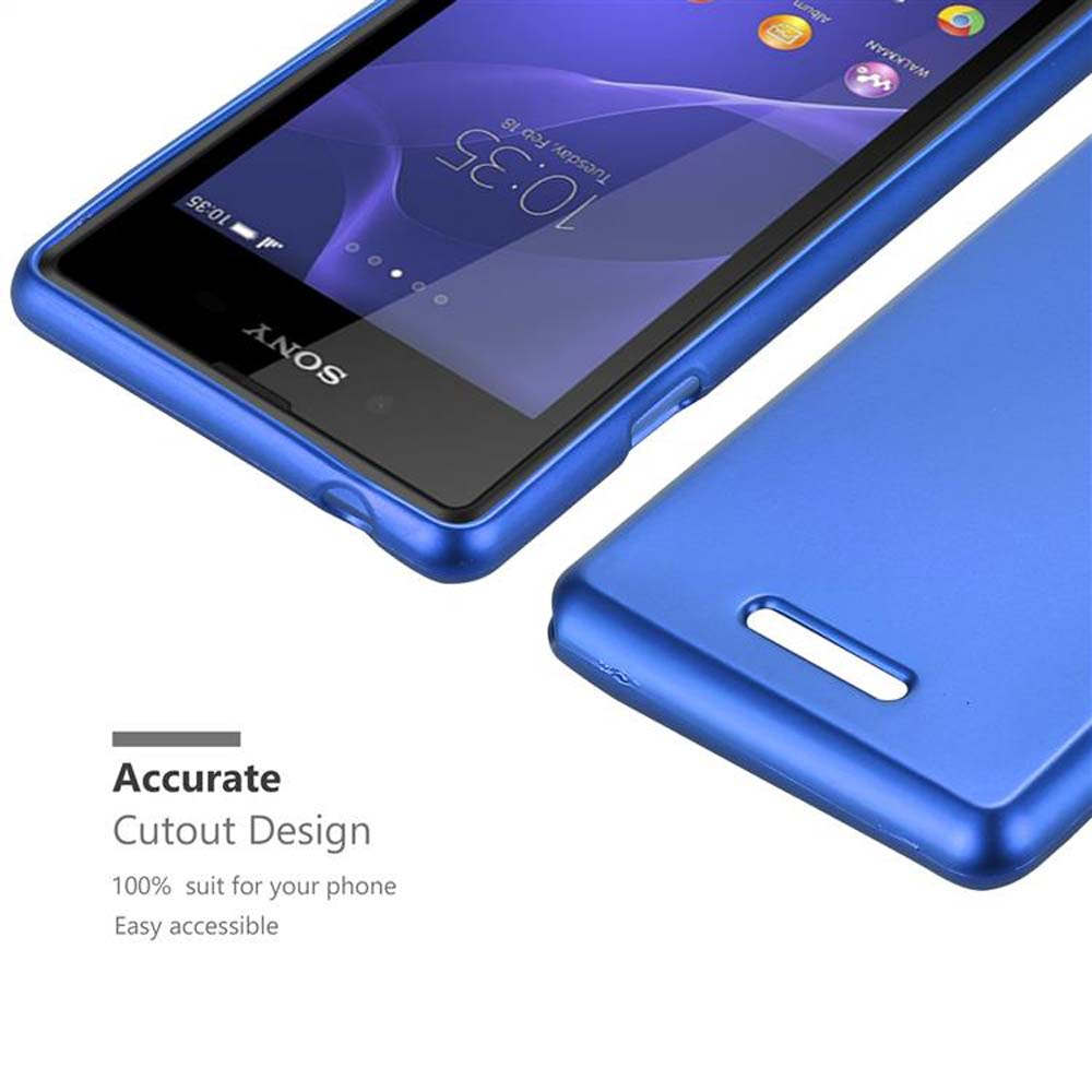 Se muestra un teléfono y una funda azules. La pantalla del teléfono muestra iconos. El texto dice 'Accurate Cutout Design'.