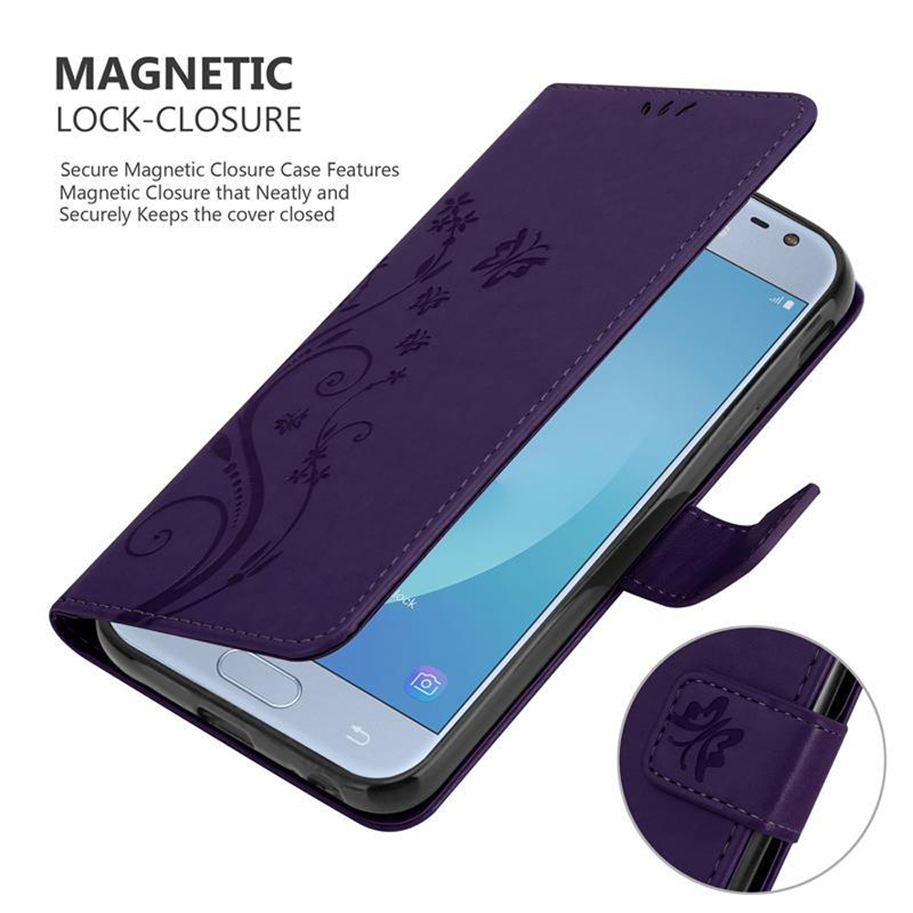Custodia per telefono viola fantasia, aperta per rivelare un telefono. Chiusura magnetica presente.