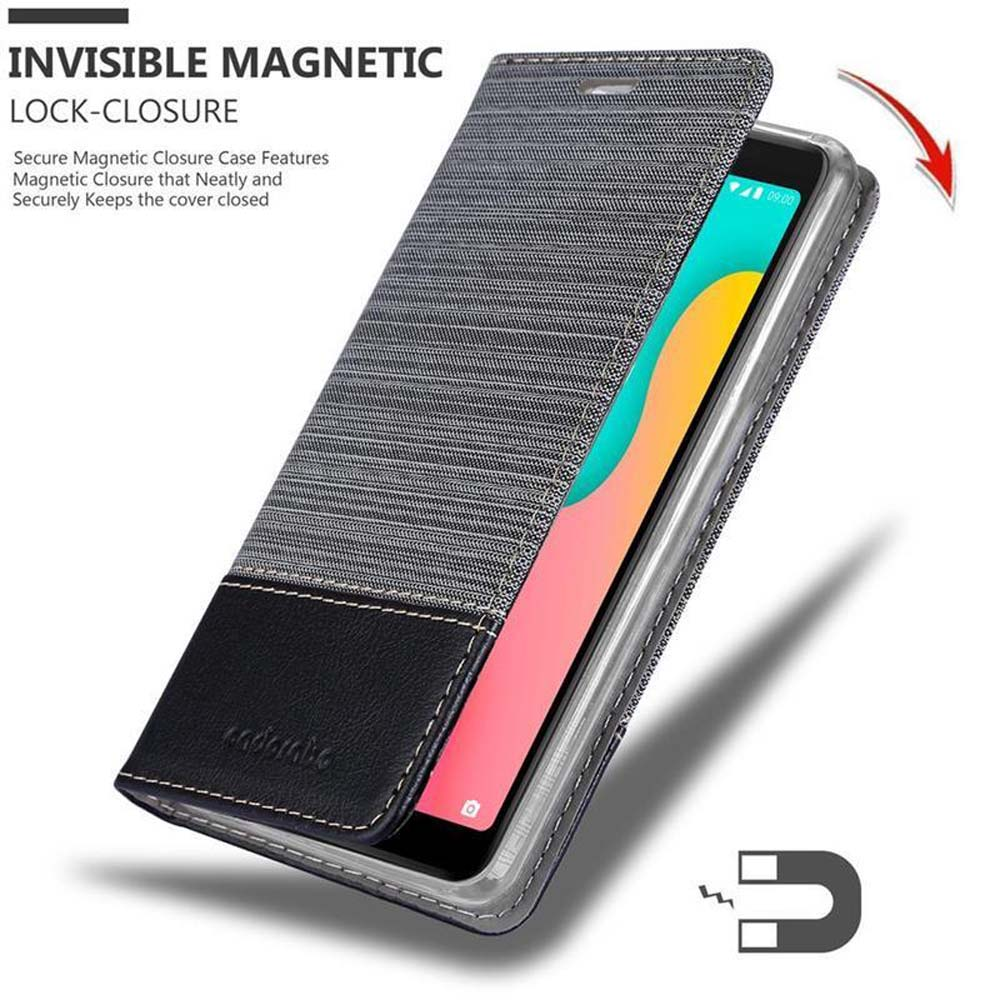 Handyhülle mit Magnetverschluss. Zeigt Telefon innen, mit geöffneter Abdeckung und einem Magnetsymbol.