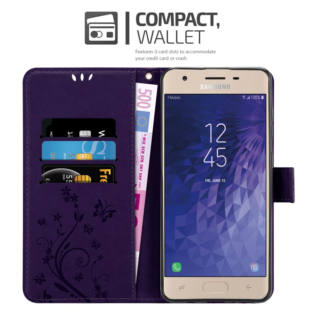 Portafoglio viola con telefono e carte. Sfondo: bianco.