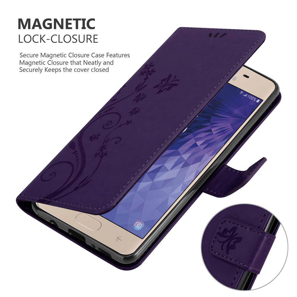 Custodia per telefono viola con design floreale, un telefono all'interno. Testo: Chiusura magnetica.