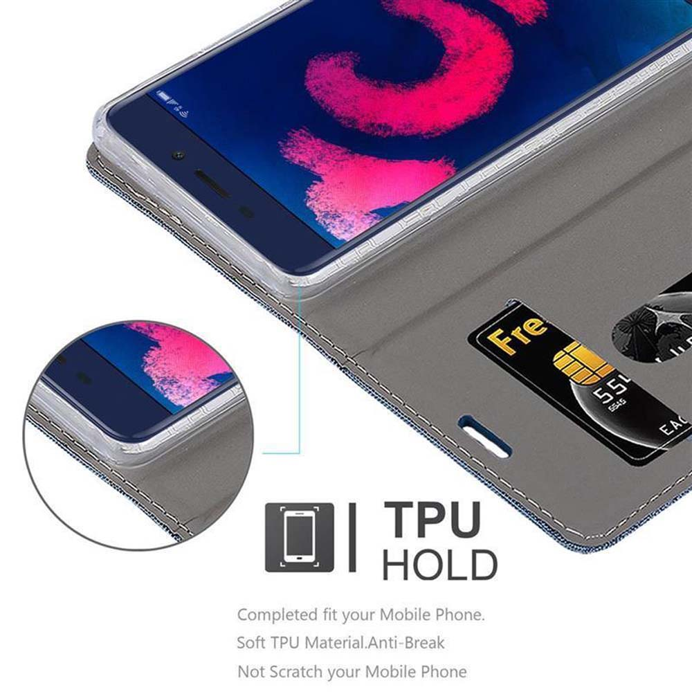 Un telefono in una custodia grigia con schermo, carte all'interno e testo 'TPU HOLD' su sfondo bianco.