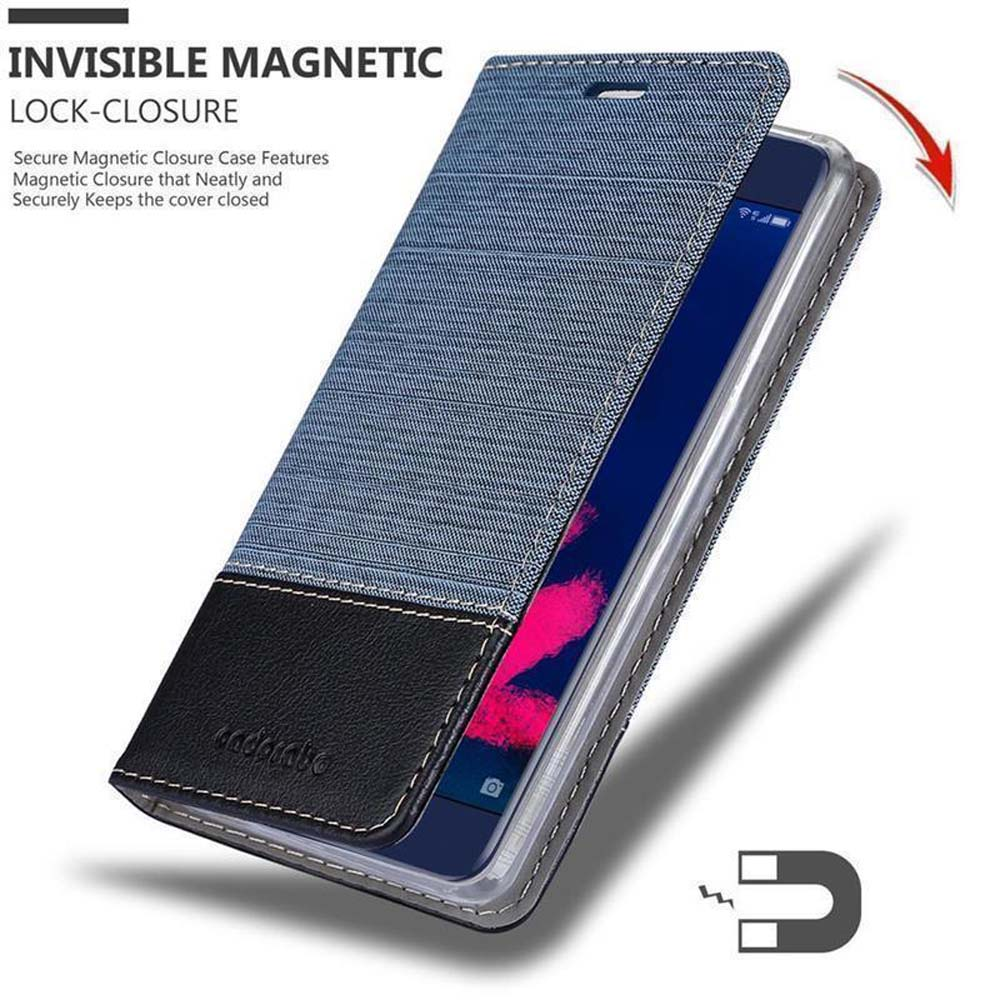 Telefono in custodia denim con chiusura magnetica, chiusa. Simbolo del magnete visibile.