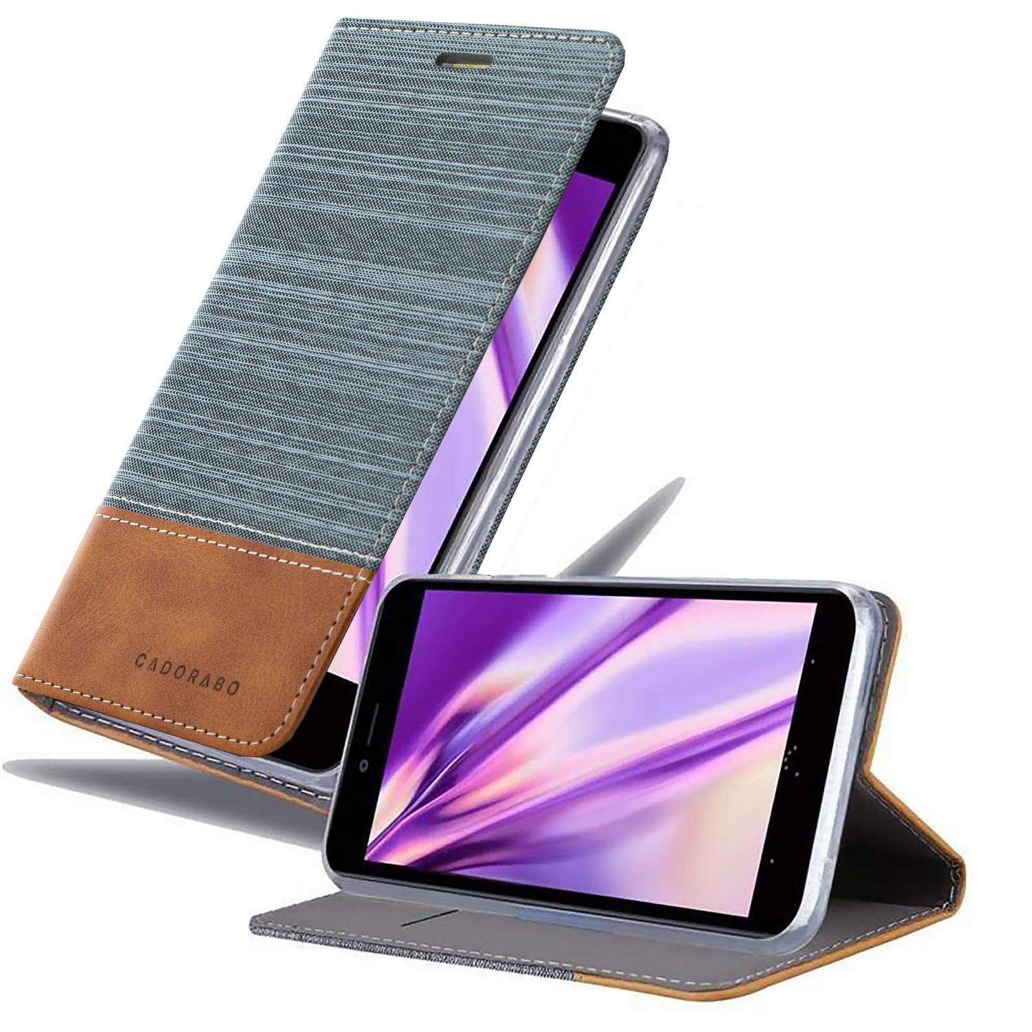 Telefono con custodia. Tessuto grigio-blu e pelle marrone. Lo schermo del telefono mostra un'opera d'arte viola. Il telefono è aperto.
