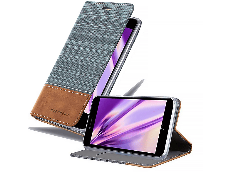Custodia Libro Portafoglio Per BQ Aquaris U Plus - Con Vani Carte, Chiusura Magnetica E Funzione Stand - Grigio Chiaro E Marrone