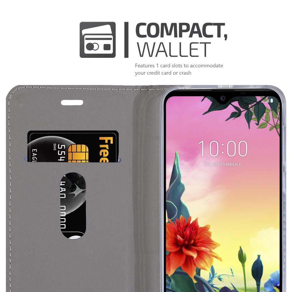 Una custodia grigia per telefono aperta per rivelare una carta di credito e un telefono con schermo colorato.