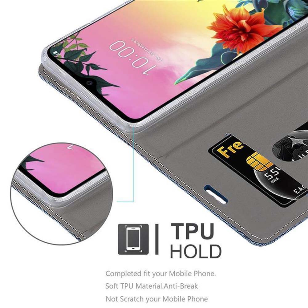 Custodia per telefono che mostra uno slot per carte di credito e uno schermo del telefono. Il telefono mostra un'immagine floreale.