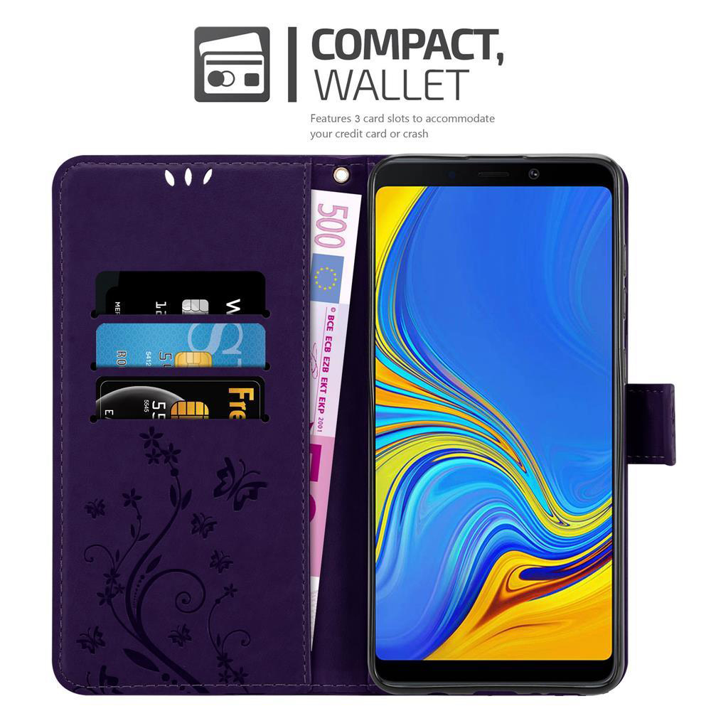 Custodia a portafoglio per telefono viola con carte e una banconota da 500 euro. Viene mostrato lo schermo del telefono.