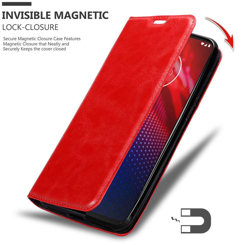 Custodia rossa aperta, che rivela lo schermo del telefono, con un'icona a calamita.