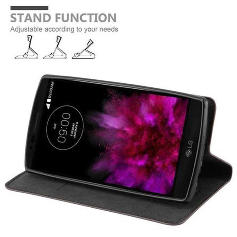 Telefono nero in custodia nera, appoggiato. Mostra schermo colorato. Funzione supporto.