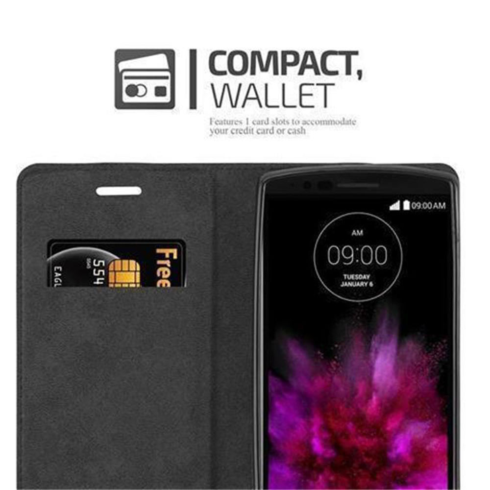 Custodia per telefono nera, aperta, con un telefono, una carta e l'ora visualizzata. Testo: “Compatto, Portafoglio”.