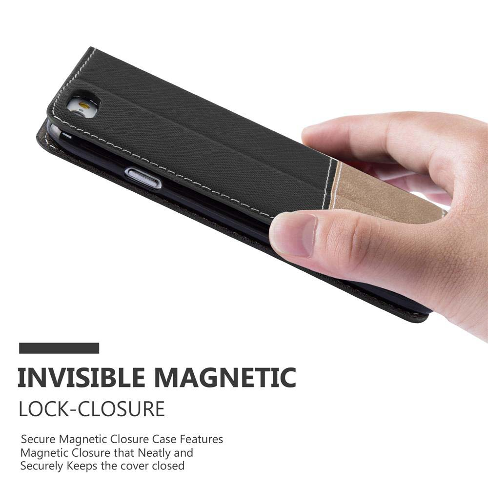 Custodia per telefono nera con chiusura magnetica invisibile. Una mano tiene la custodia, mostrando il design chiuso.