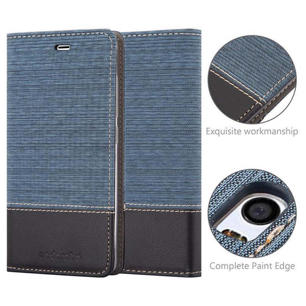 Una custodia per telefono blu con superficie strutturata, pelle nera e il testo 'Exquisite Workmanship'.