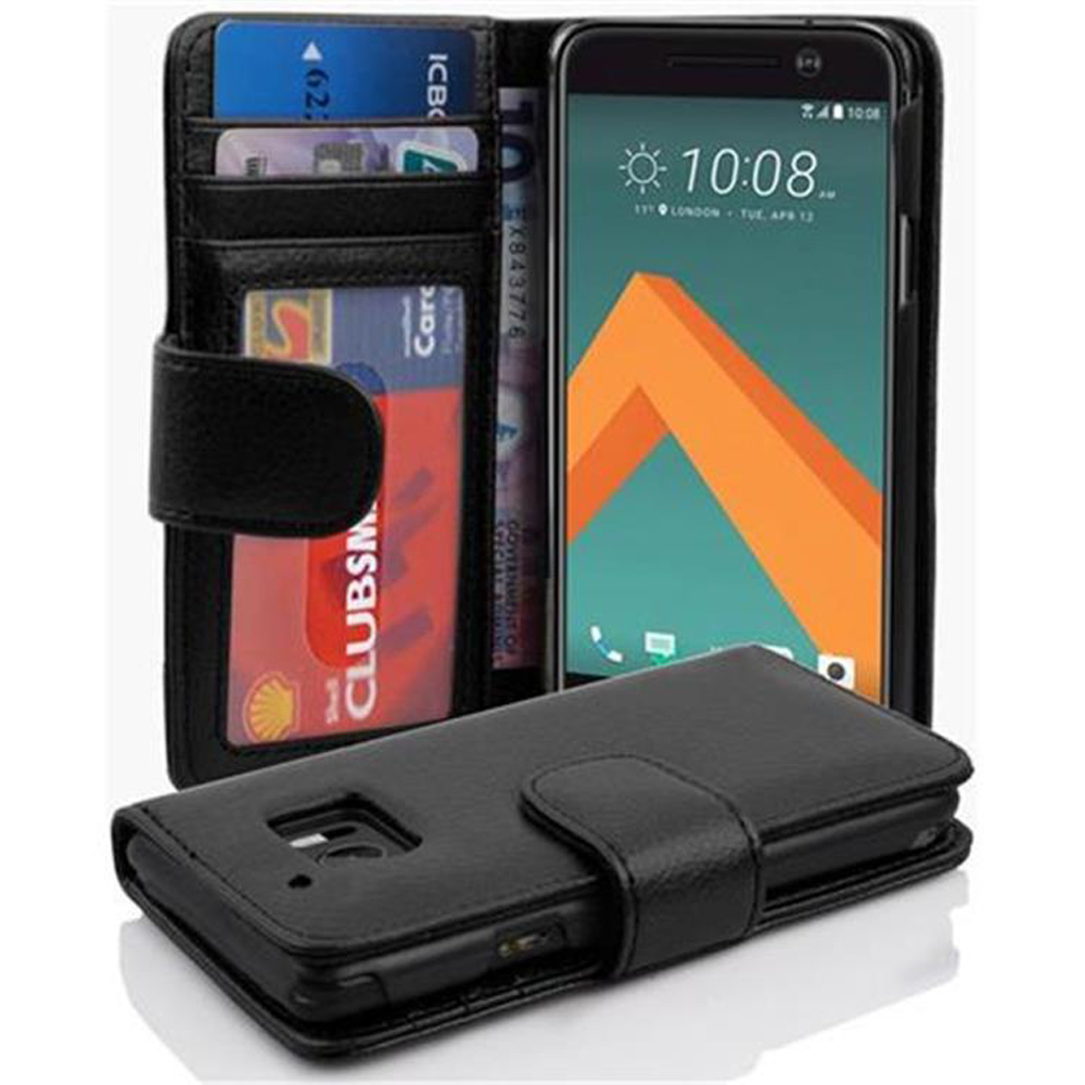 Telefono in custodia a portafoglio nera con carte e denaro. La custodia è aperta.