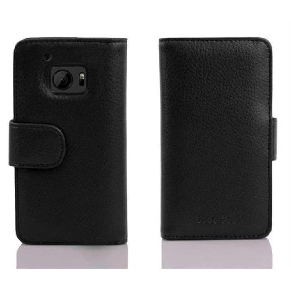Custodia per telefono nera, chiusa e aperta, con foro per fotocamera e chiusura magnetica.