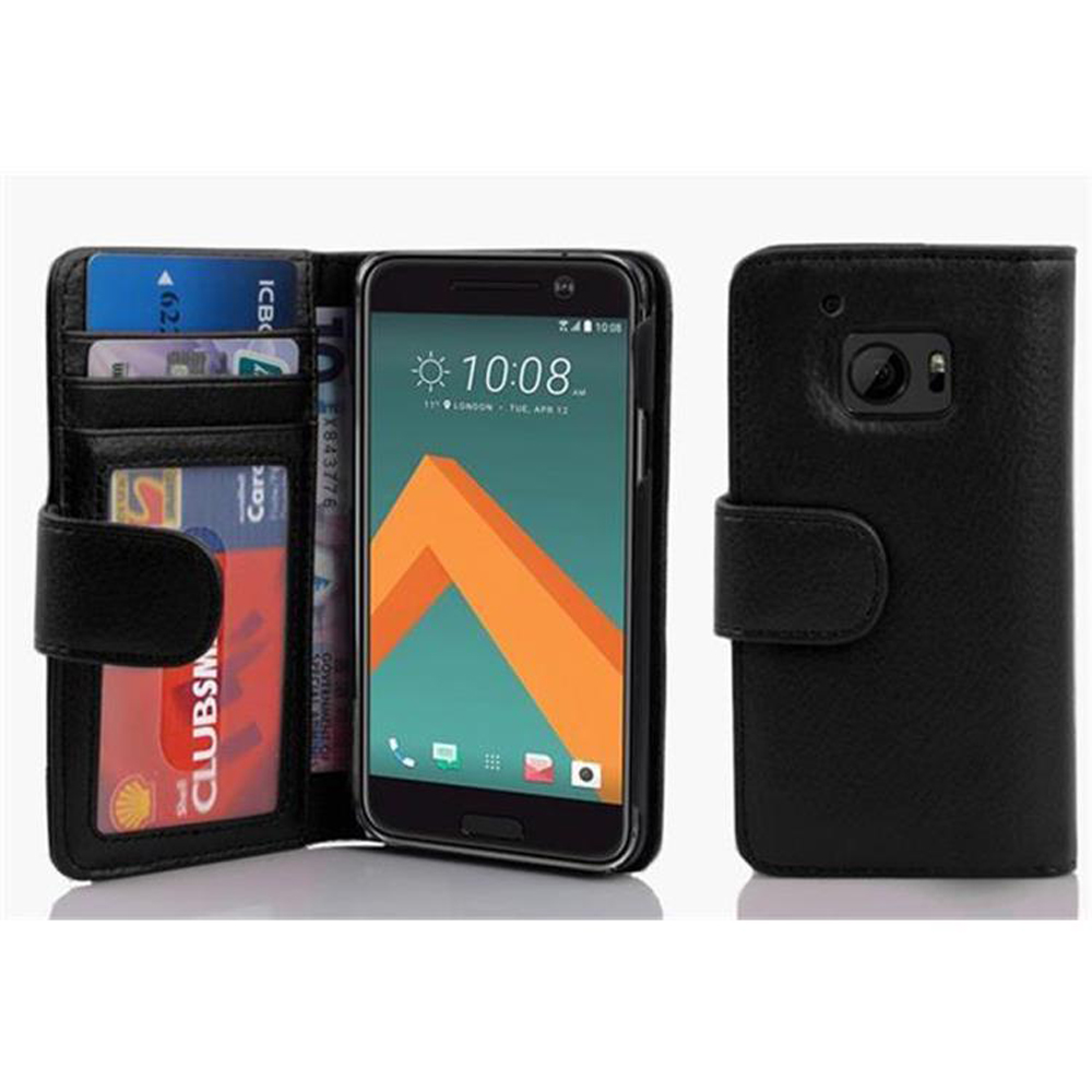 Custodia per telefono nera, aperta, con un telefono, carte e un bottone. Testo: “Compatto, Portafoglio”.