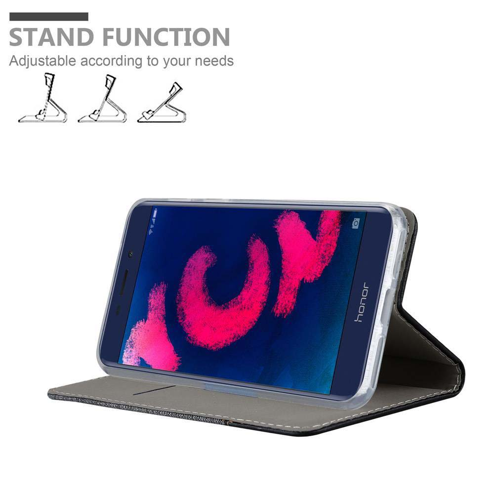 Handyhülle mit Ständerfunktion, verstellbar. Telefon zeigt rosafarbenes Design. Weißer Hintergrund.