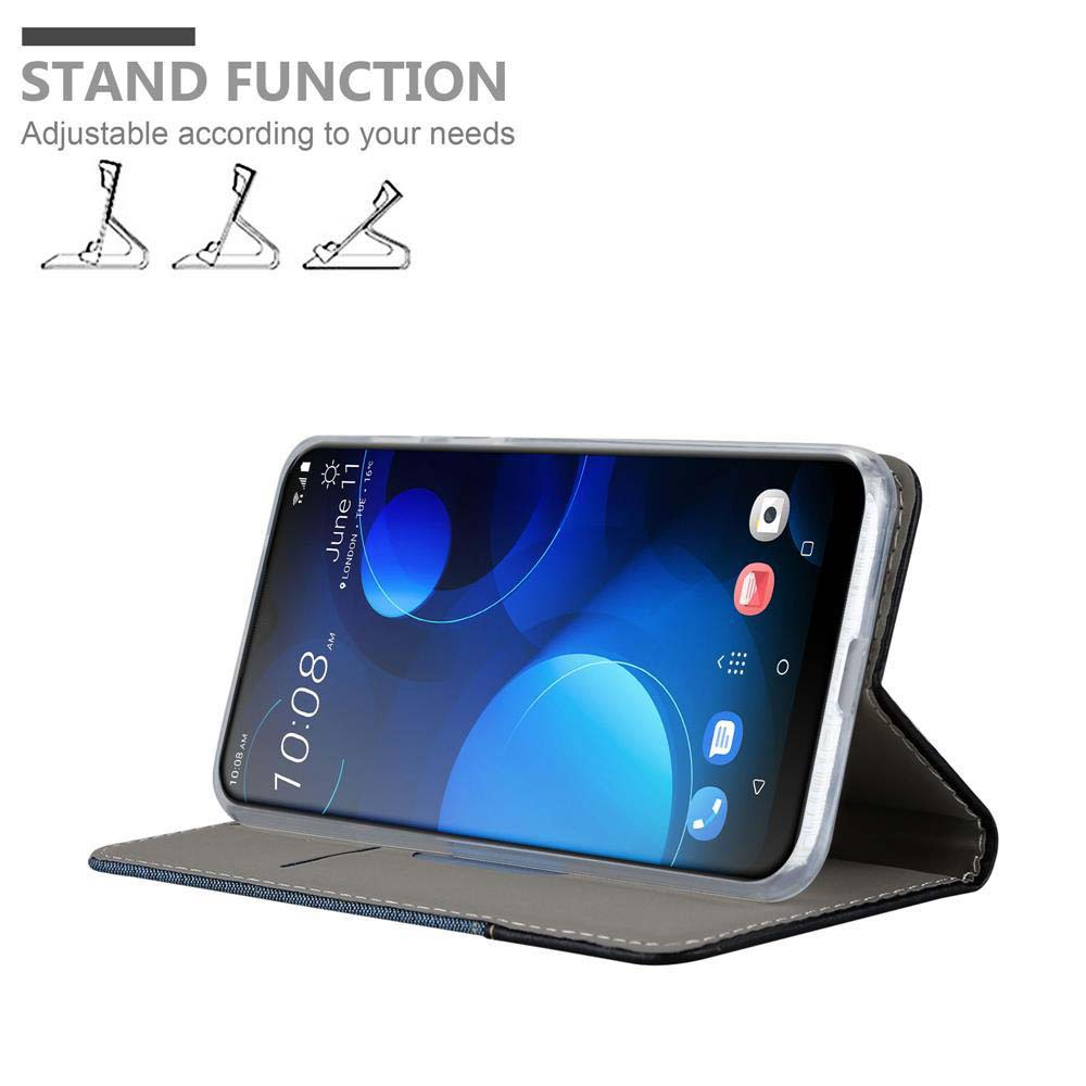 Una custodia per telefono con un telefono all'interno, in posizione verticale. Testo: FUNZIONE STAND.