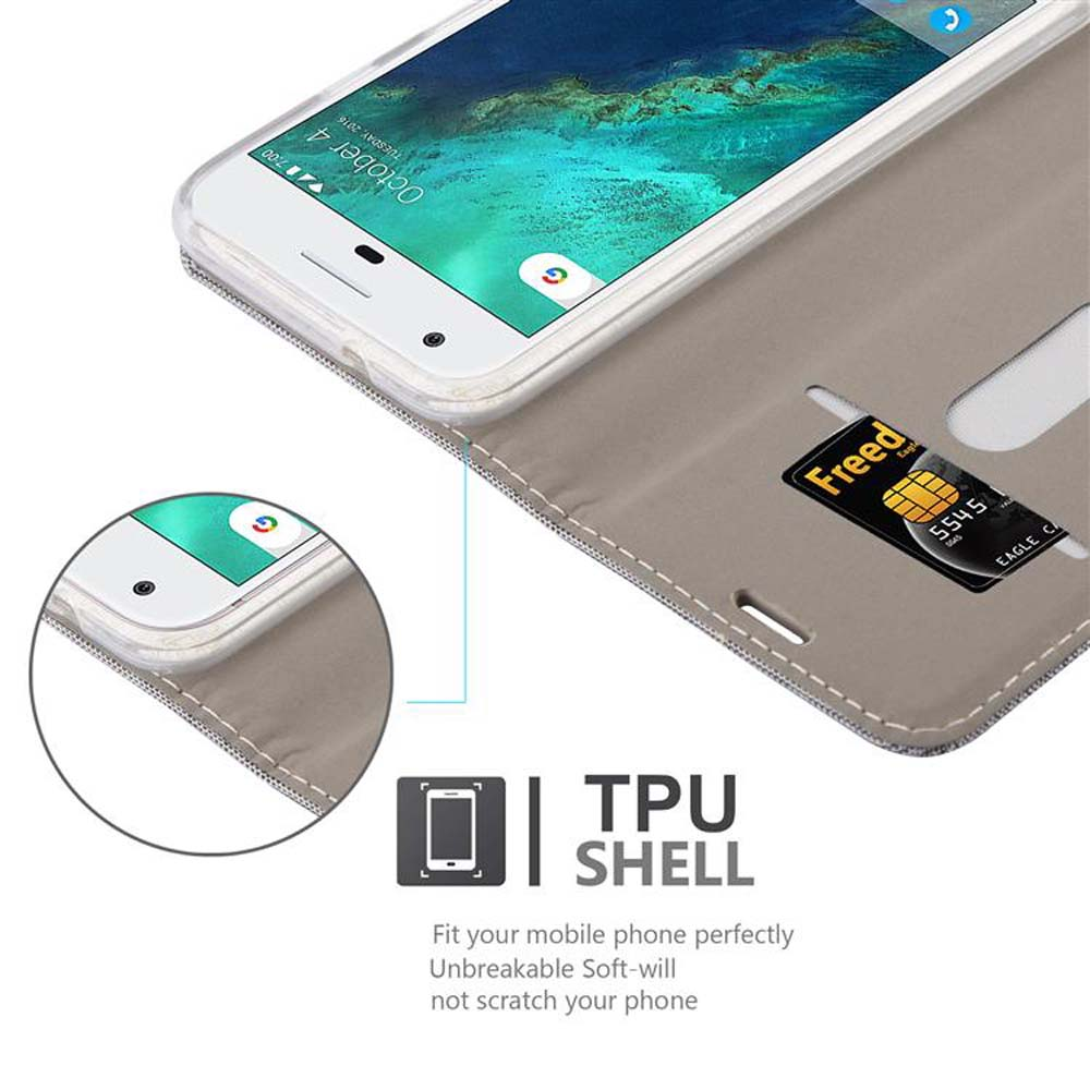 Ein Telefon in einer Hülle, offen, mit Kartensteckplatz und Kreditkarte. Der Text „TPU SHELL“ ist vorhanden.