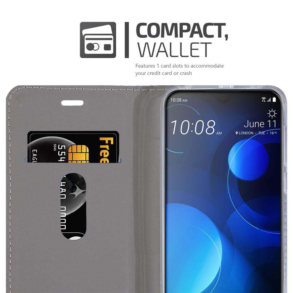 Custodia per telefono con slot per carta di credito e schermo del telefono. Lo schermo visualizza un orologio e un calendario.