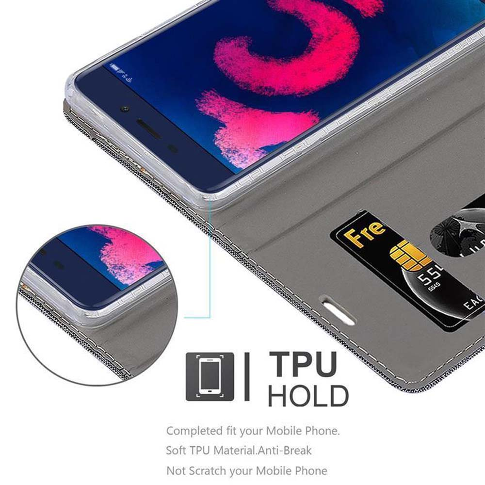 Telefon in einem grauen Gehäuse mit Kreditkartenfächern. Text: 'TPU HOLD'. Telefonbildschirm zeigt Bild.