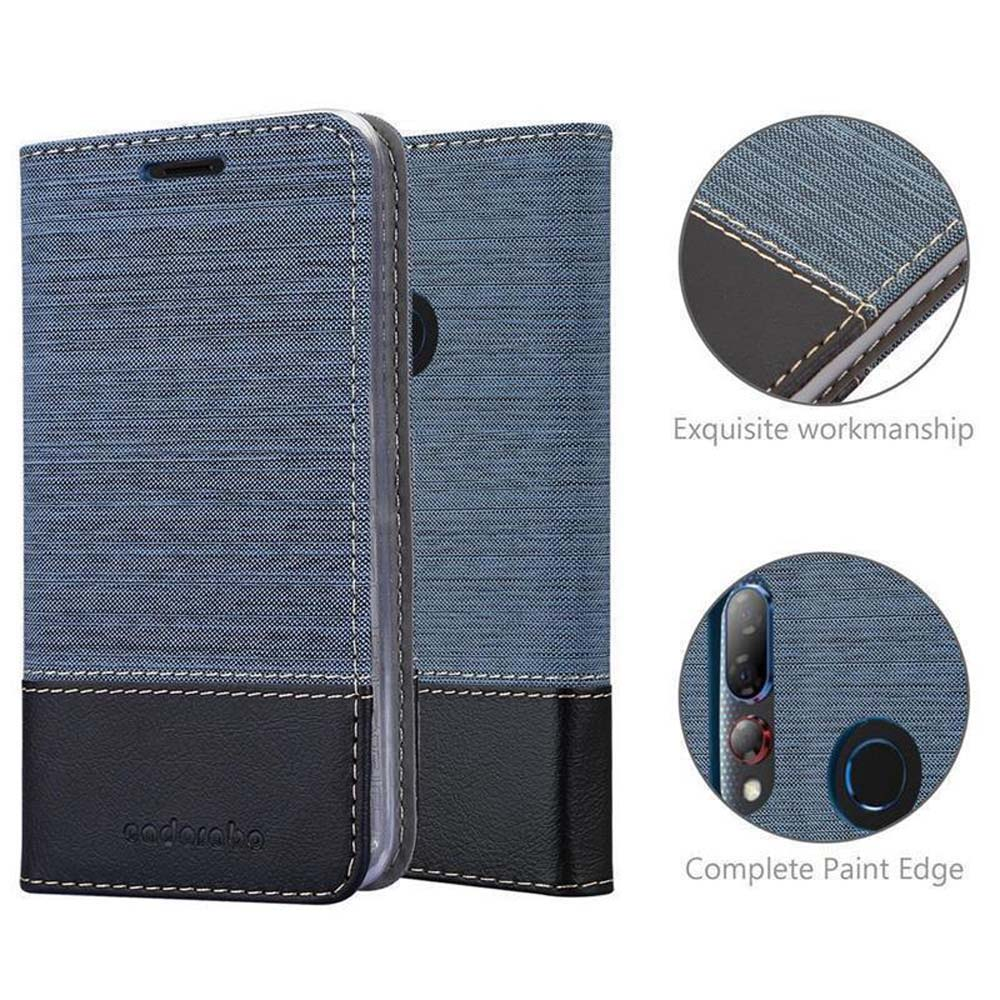 Una custodia per tablet in denim blu, chiusa e aperta, con dettagli della custodia e del telefono.