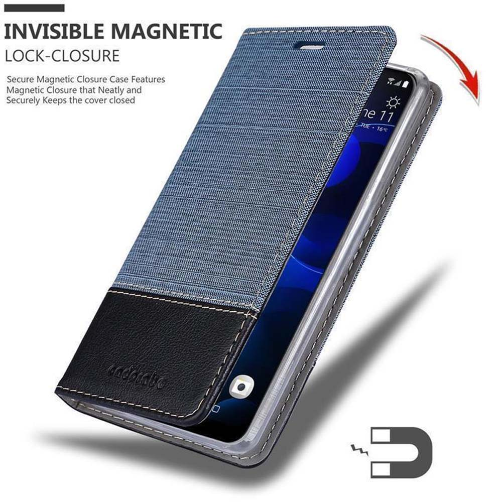Telefono in una custodia in denim blu. La custodia si chiude magneticamente. Il retro ha un simbolo di magnete.