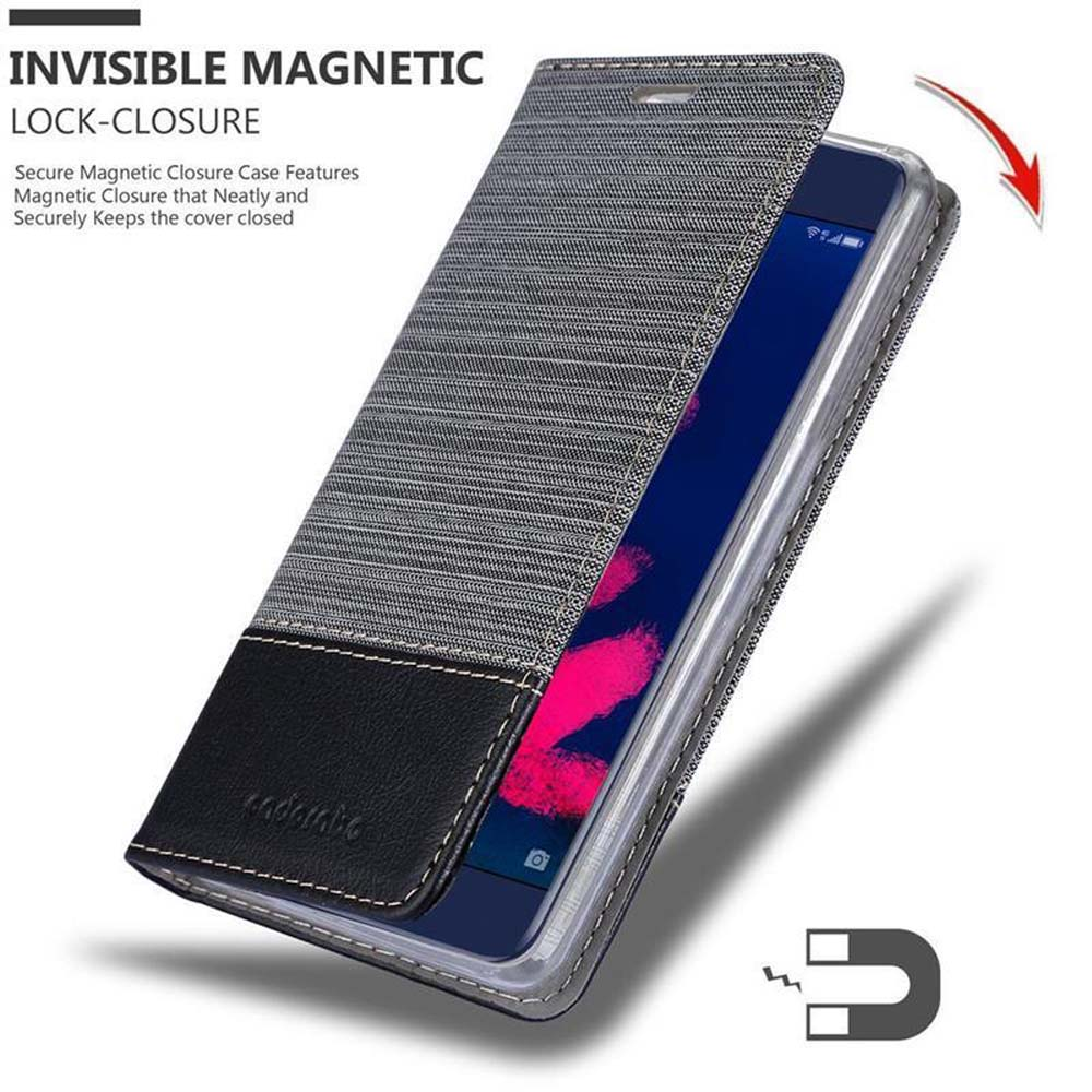 Geöffnete Handyhülle, Telefon mit eingeschaltetem Bildschirm. Grauer Stoff und schwarzes Leder.