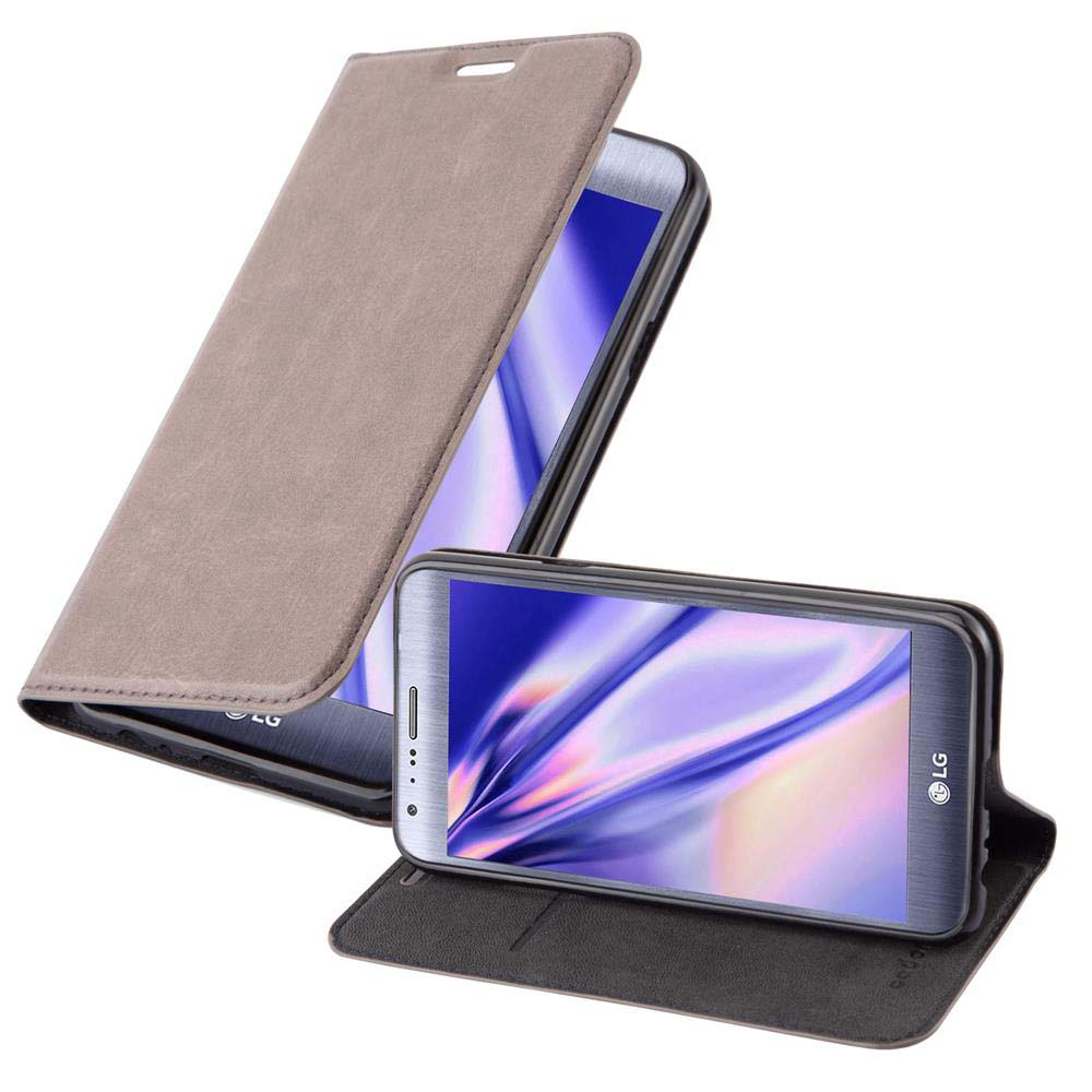 Funda beige para teléfono con teléfono dentro, abierta y en exhibición.