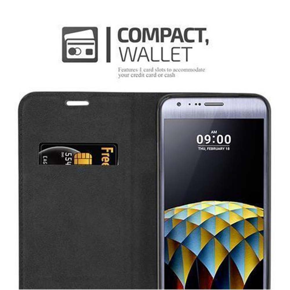 Funda de teléfono negra abierta, con ranura para tarjeta y tarjeta de crédito.