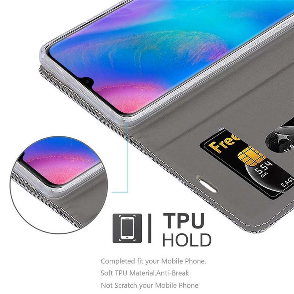 Custodia grigia per telefono con fessura per carte e telefono, che mostra una carta.