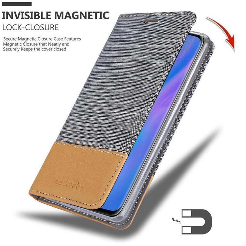 Custodia per telefono aperta che mostra un telefono all'interno, con testo INVISIBLE MAGNETIC LOCK-CLOSURE.