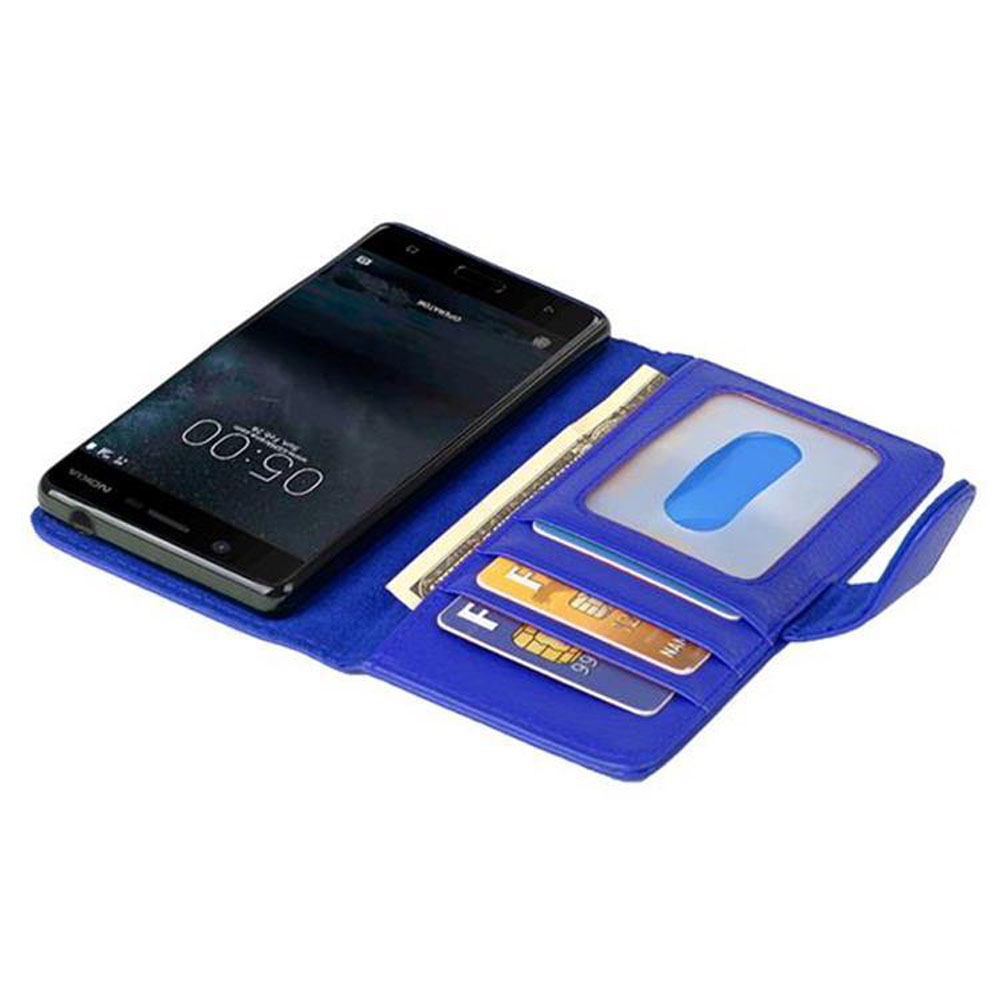 Telefono in un portafoglio blu. Carte di credito nelle fessure, aperto.