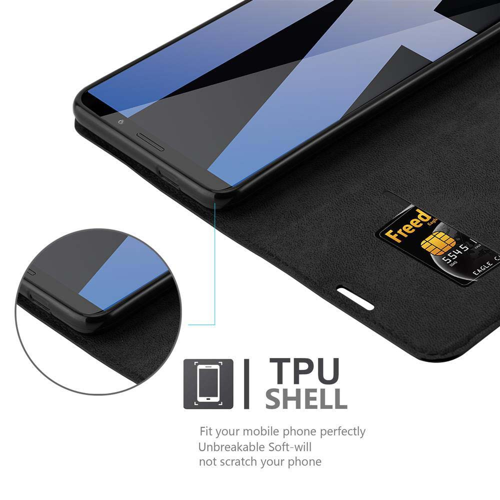 Una custodia per telefono è aperta, mostrando un telefono all'interno. Sono visibili una carta di credito e una SIM.