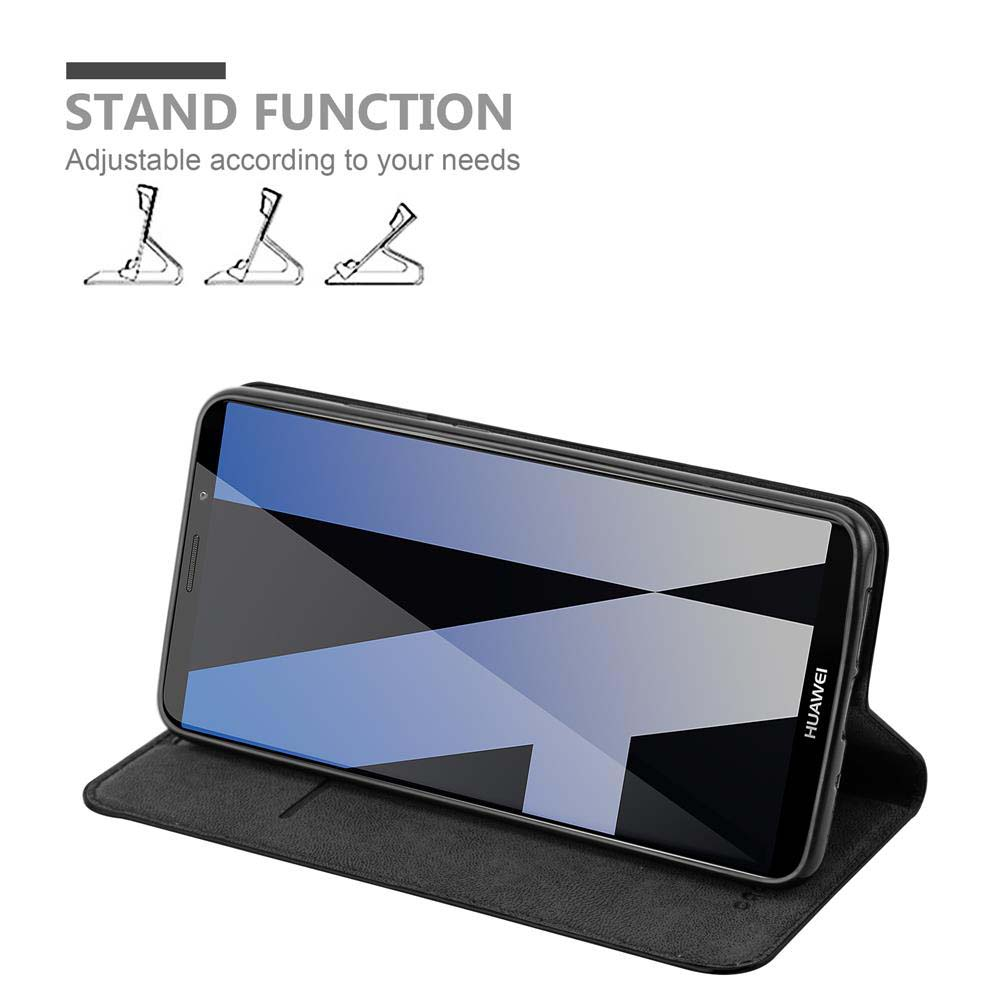 Telefono in una custodia nera, aperto per visualizzare lo schermo del telefono. La funzione stand è mostrata con tre diverse angolazioni.