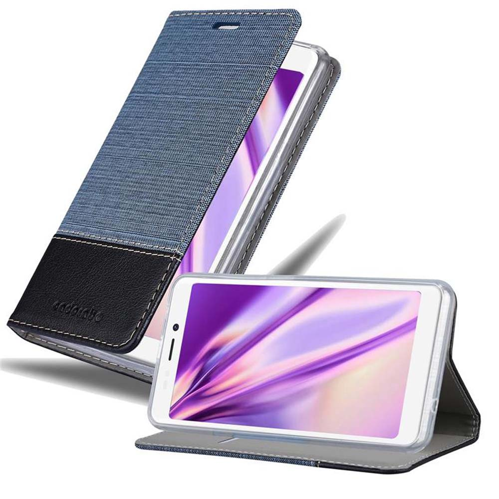 Custodia per telefono in denim blu con fondo in pelle nera e telefono con schermo viola.