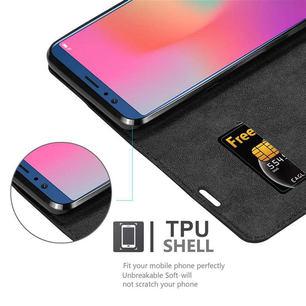 Una custodia per telefono con un telefono e una carta nello slot, con lo schermo del telefono visibile.