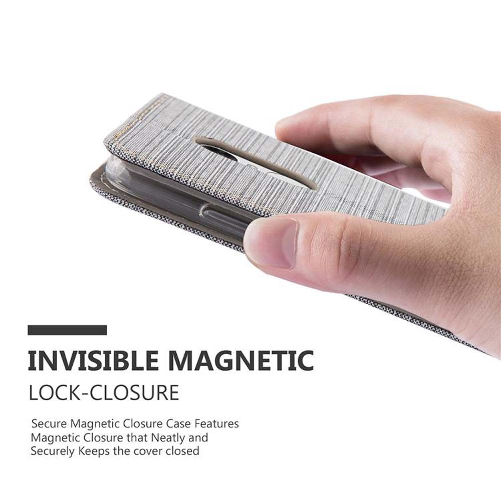 Eine Hand hält eine Handyhülle. Text: 'Invisible Magnetic Lock-Closure'.