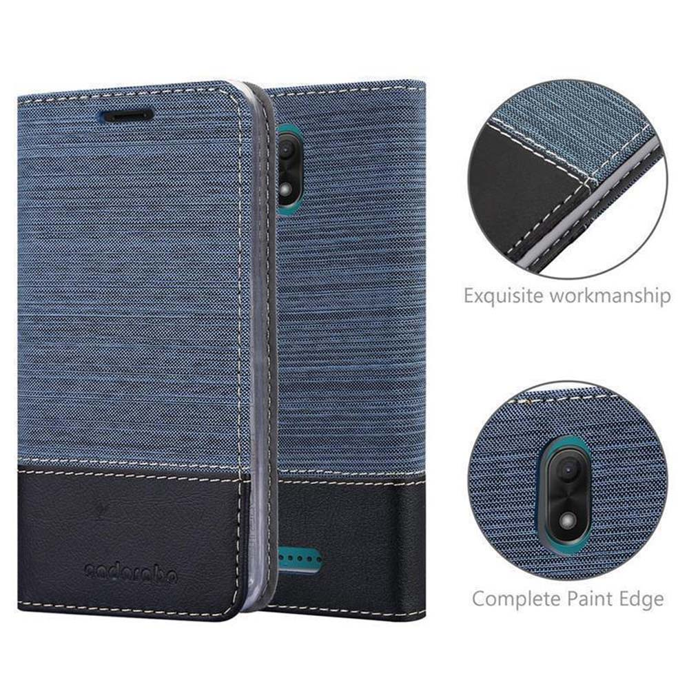 Custodia per telefono blu e nera. I primi piani mostrano cuciture e foro della fotocamera. Esecuzione squisita e bordo verniciato completo.