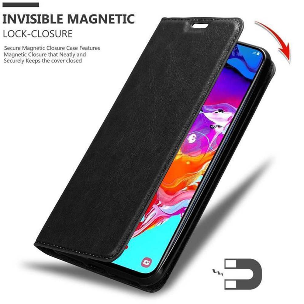 Schwarze Handyhülle geöffnet, zeigt ein Telefon. Ein Magnet-Symbol ist unten rechts sichtbar.