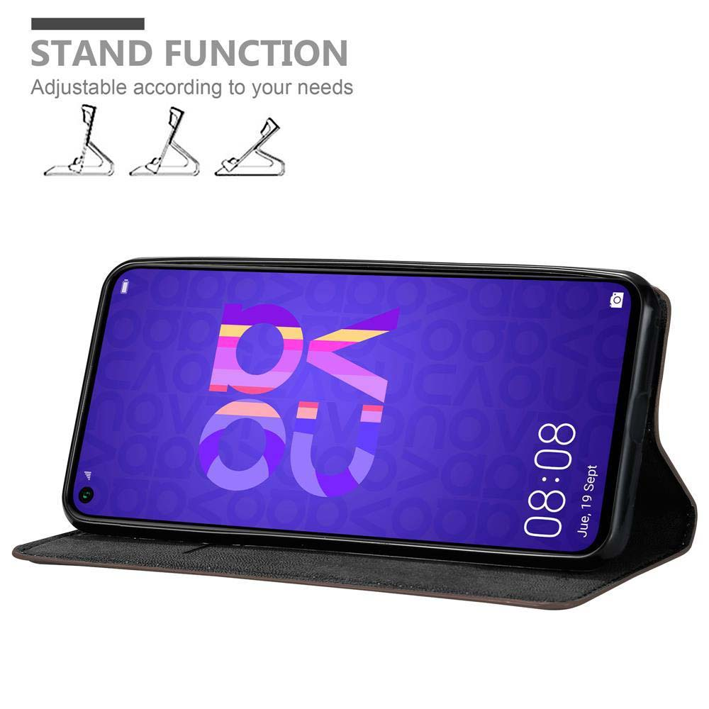 Telefono in custodia con funzione stand. Lo schermo del telefono mostra l'ora e la data. La custodia è nera.