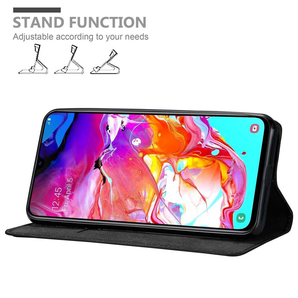 Ein Telefon in einer Hülle, geöffnet und aufgestellt. Text: Standfunktion, einstellbar nach Ihren Bedürfnissen.