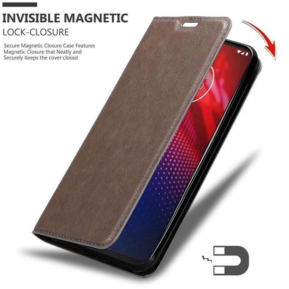 Custodia per telefono marrone con chiusura magnetica. La custodia è aperta, rivelando un telefono all'interno.