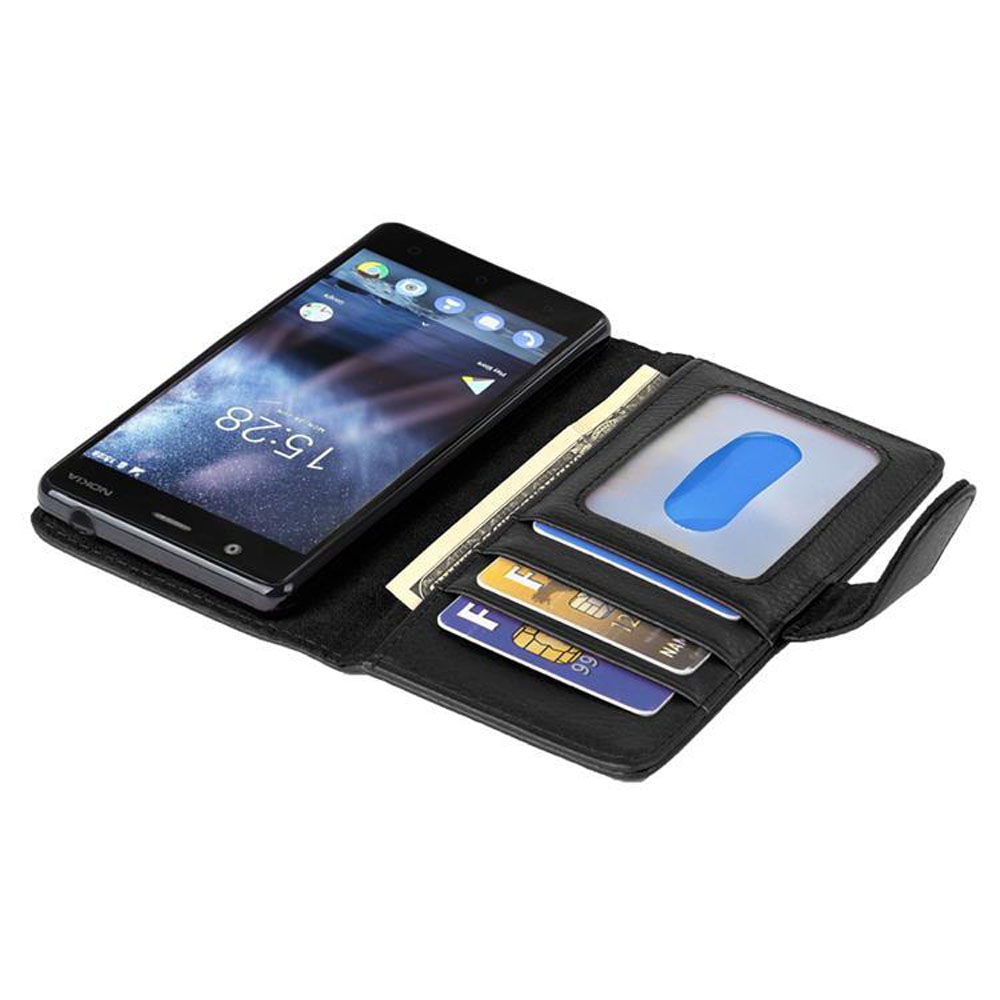 Telefono in una custodia a portafoglio aperta. La custodia ha fessure per carte e una finestra ID trasparente.
