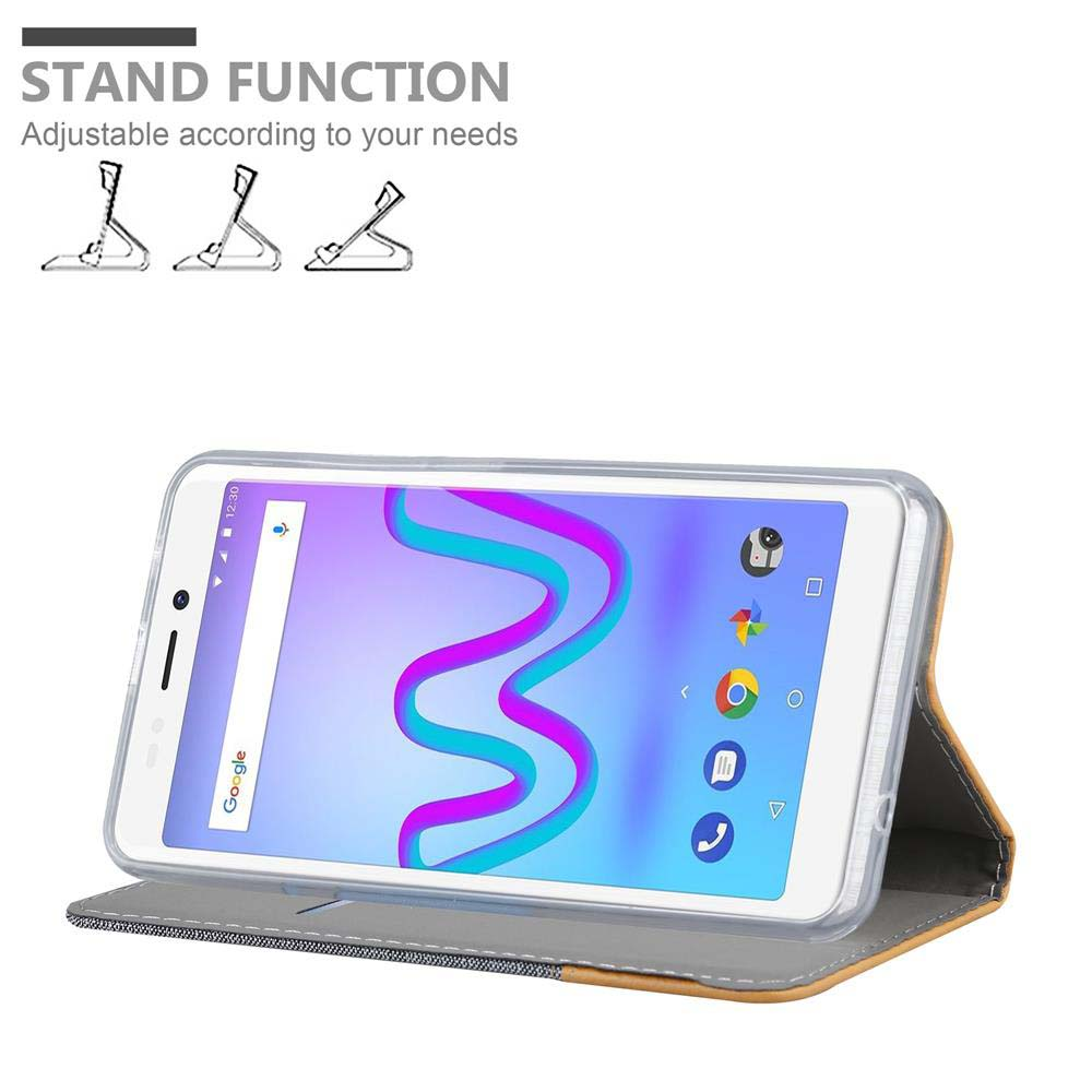 Telefon in geöffneter Hülle, Bildschirm zeigt blaues und violettes Design. Hülle ist braun und grau mit Grafik.