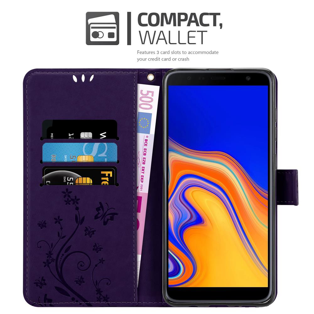Una custodia per telefono viola con un telefono e carte all'interno. C'è una funzione portafoglio.