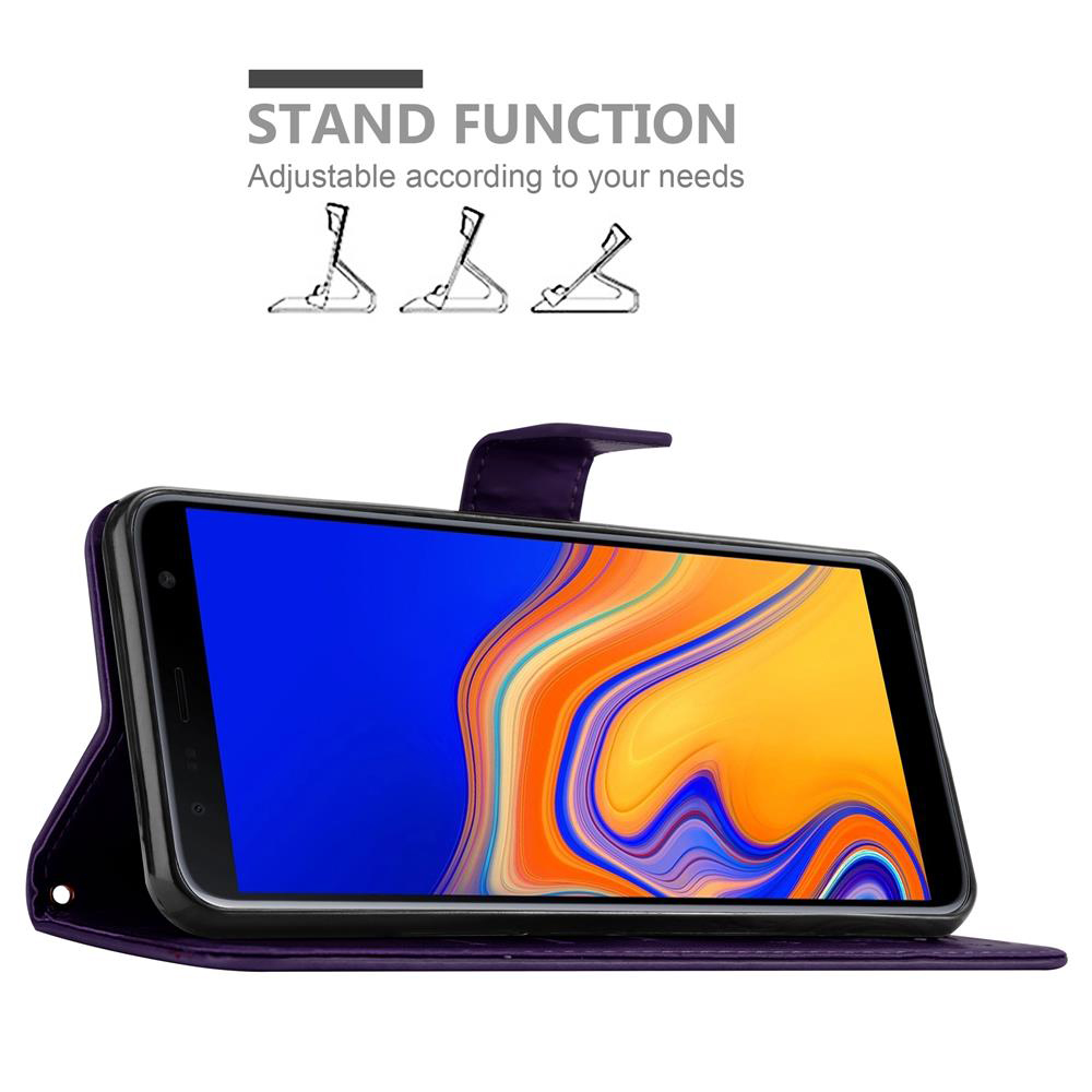 Una custodia viola con un telefono dentro, aperta. Testo: Funzione supporto. Tre diagrammi.