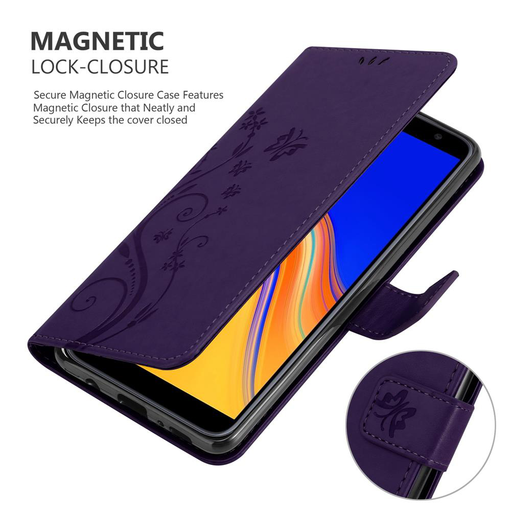 Custodia per telefono viola con design floreale e chiusura magnetica, che tiene un telefono.