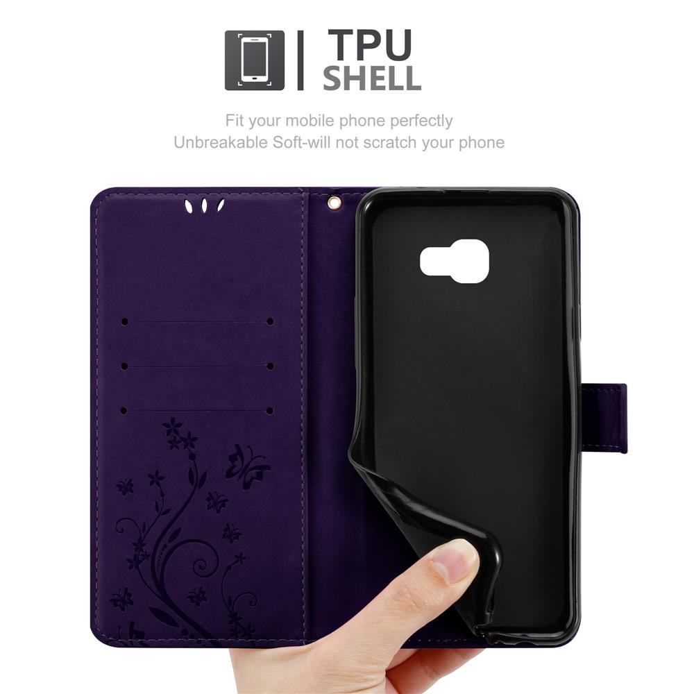 Una custodia per telefono viola con un design floreale, che mostra l'interno e il telefono.