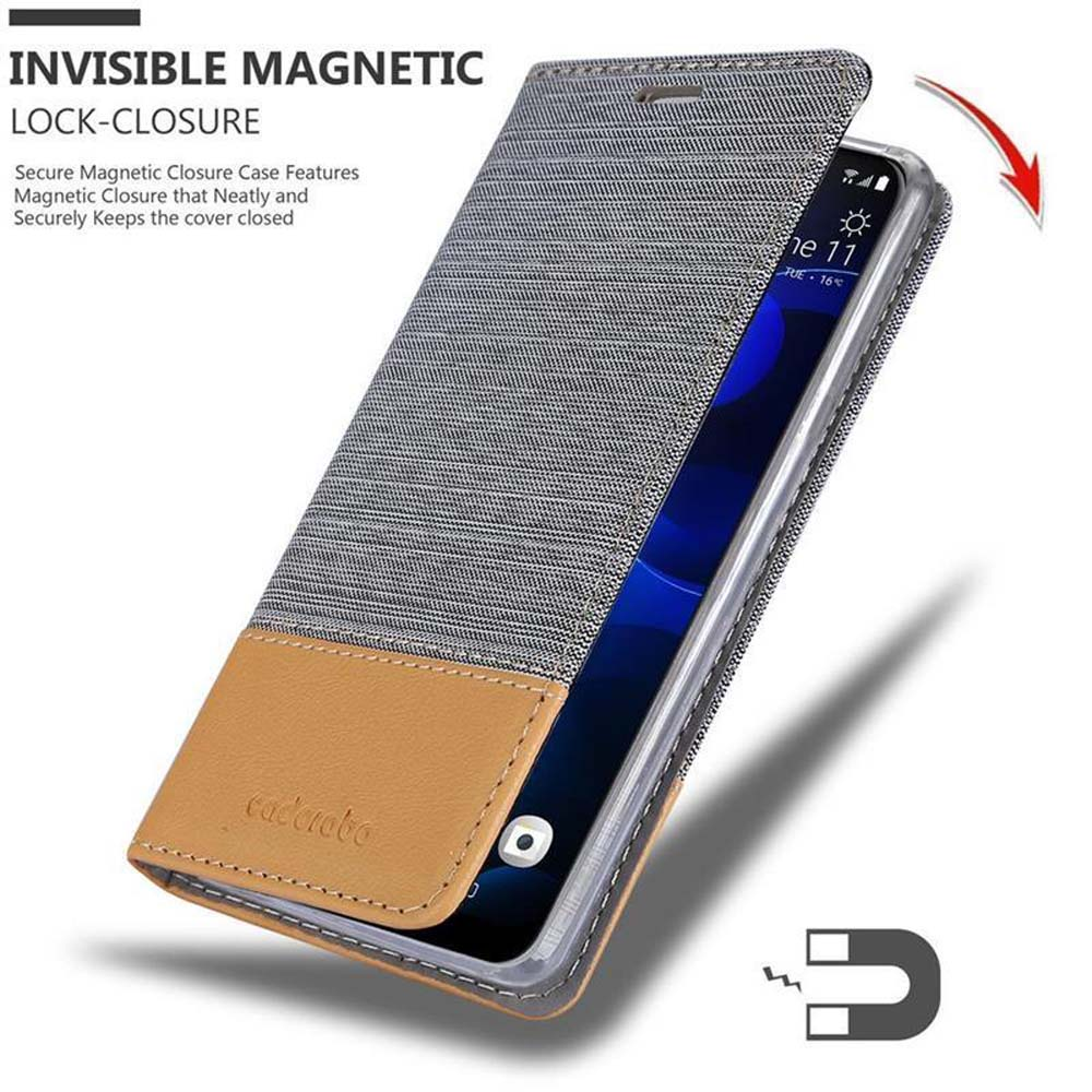 Telefonhülle aus grauem und hellbraunem Leder, offen. Text sagt: "INVISIBLE MAGNETIC LOCK-CLOSURE".